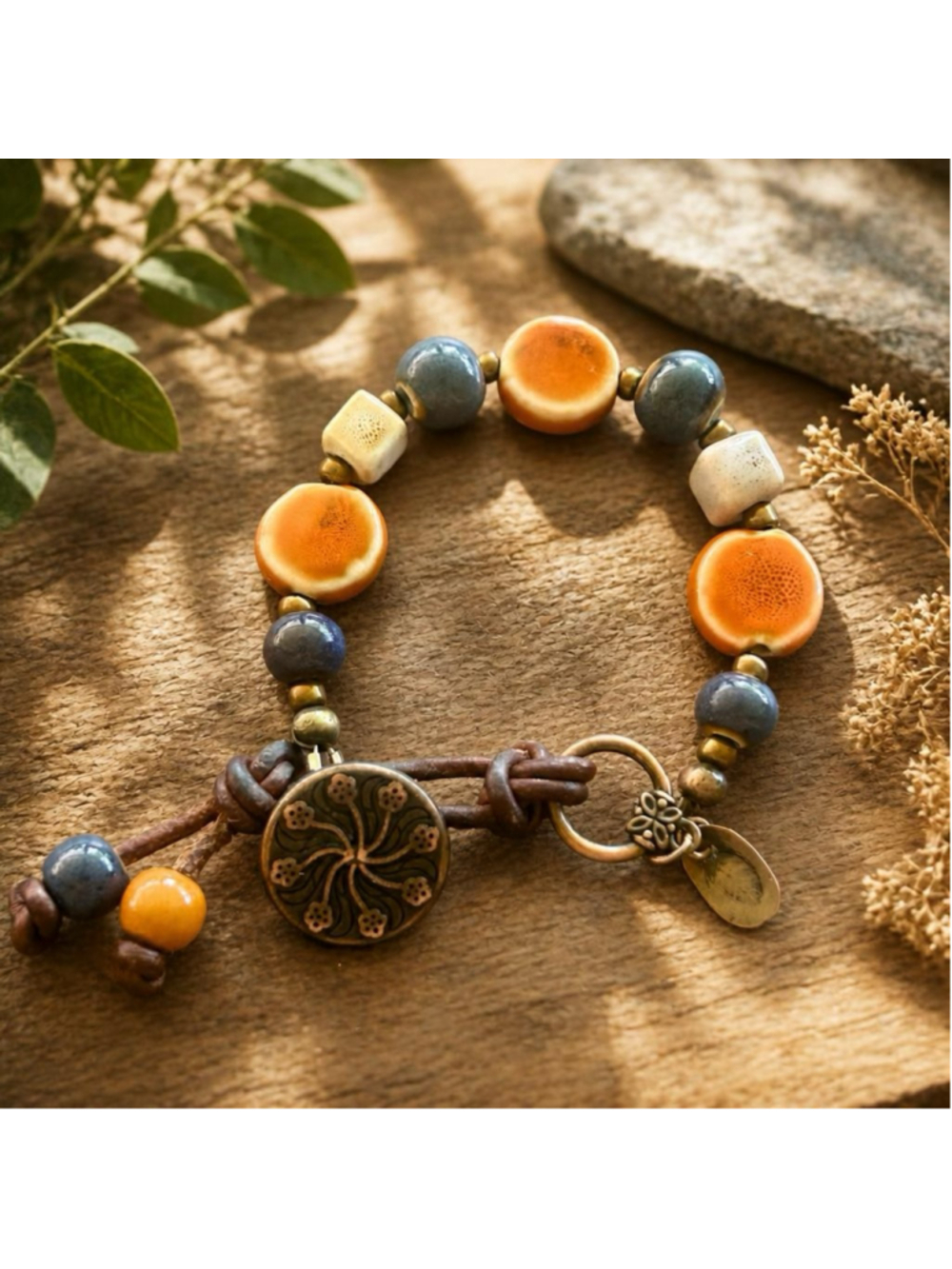 Handmade Boho Ceramic Copper Leather Bead Bracelet Rustic Artisan Earthy Jewelry